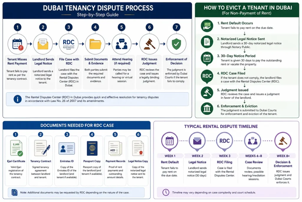 Step-by-step process for handling tenant not paying rent in Dubai from legal notice to RDC case